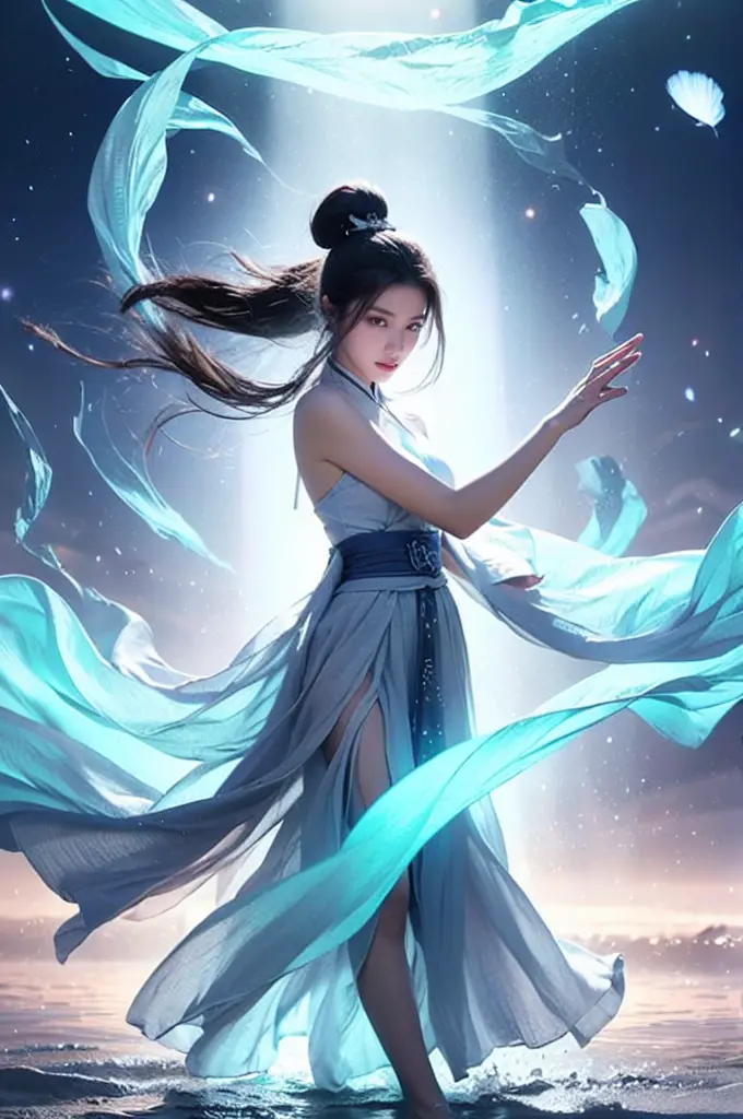 best quality, masterpiece:1.2, 8k, flowing energy, glowing hair, 1girl,elegant, black long hair, floating energy scroll, pink ey...