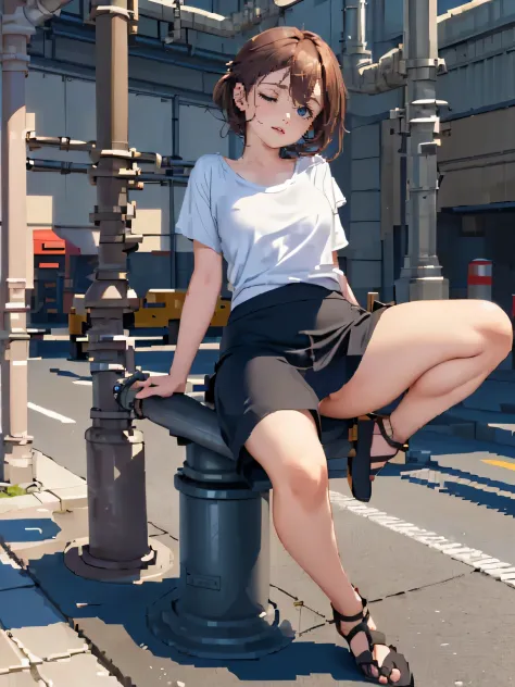 (drooping eyes, sleepy face, angle from below, realistic skin), (((straddle to hit her crotch against the installed pipe-bollard on the ground))), open legs, thin t-shirt, long skirt, outside of the factory area, pixel art