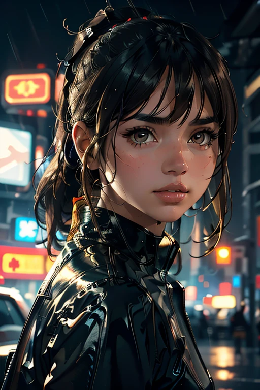 1girl, Brown skin, blonde ponytail, brown eyes, wearing a bulletproof vest, black long shorts, day time, nike shoes, the city street, cyberpunk, The ground was wet with rain, fall, during afternoon, Neon signs, Beautiful, absurderes, A high resolution, ultrasharp, 8K, Masterpiece, pretty face, big lips, looking at viewer, holding a submachine gun