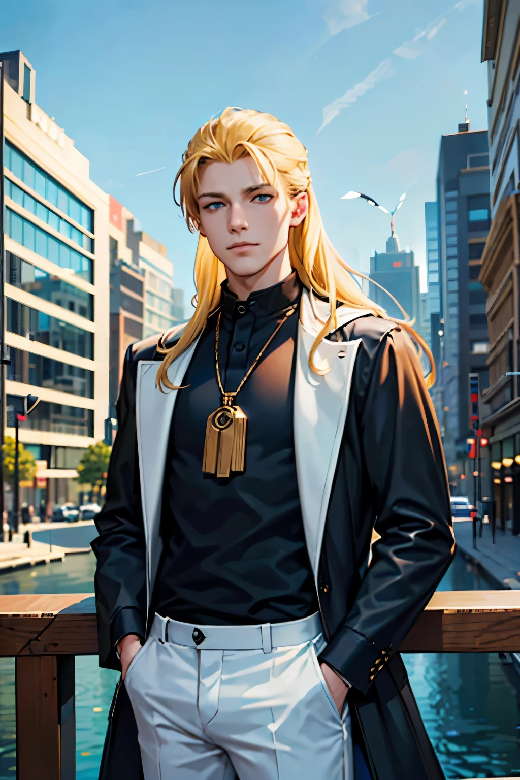 A 20-year-old man standing with modern clothes, blonde hair, long hair, blue eyes, smirking, park background, DSRL, facing the viewer of the photo, eyes staring into the lens, man centered in photo, 8k, best quality, masterpiece, realistic, realistic photo, cinema photo, ultra realistic, 1 person, detailed, Dark Dark Lighting