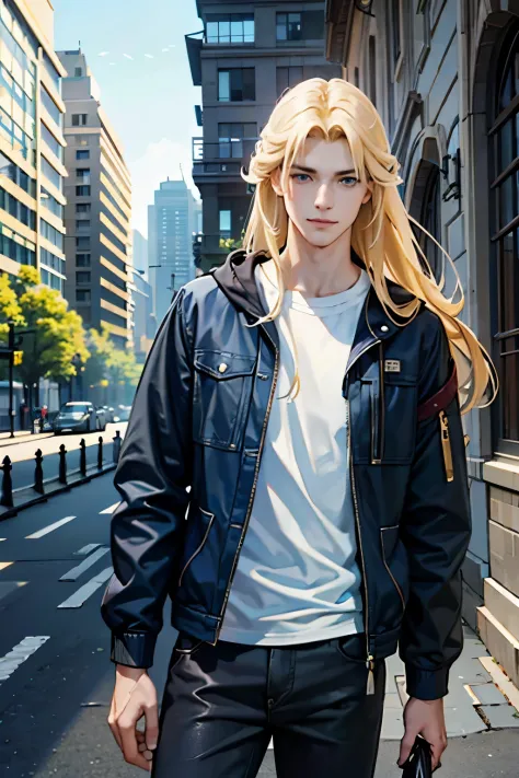 a 20-year-old man standing with casual clothes, blonde hair, long hair, blue eyes, smirking, park background, dsrl, facing the v...