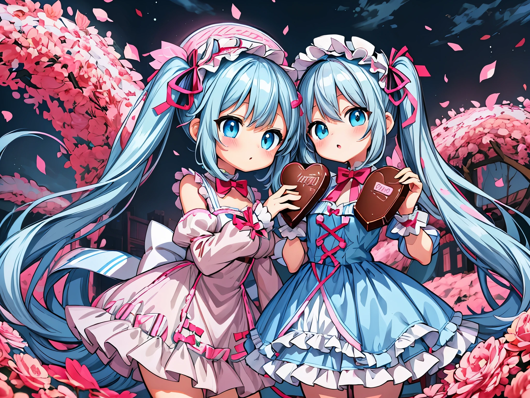 anime girl holding big chocolate for valentine&#39;s day ribbon, light blue long hair、twin tails、anime moe art style,cute lolita costume、 Cute girl anime visual, small change girl, anime food,  change, change, cute anime girl, anime style 4k, Also, pixiv