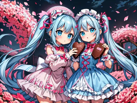 anime girl holding big chocolate for valentine&#39;s day ribbon, light blue long hair、twin tails、anime moe art style,cute lolita...