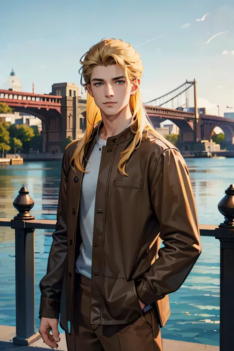 a 20-year-old man standing with casual clothes, (((brown clothes))), blonde hair, long hair, blue eyes, smirking, park backgroun...