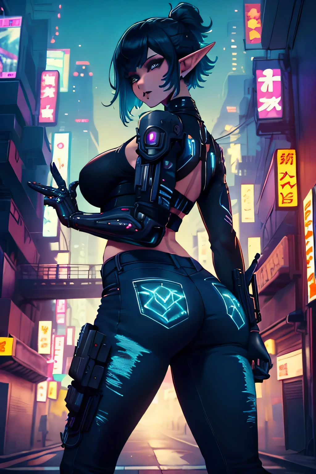 elf, schwarzer Lippenstift, kurzes Haar, sexuell, fetter Arsch, Tuch, One, cyberpunk, cyberpunk style, cyberpunk city, Nachtstadt, Waffe, Jeans, modern Tuch, Jeans, Söldnerin, eine Pistole, cyberpunk armor, Erweiterungen, cyberpunk Erweiterungen, Schwere Rüstung, cyberpunk armor, Zeiger aus Metall, Zusätzliche Hände