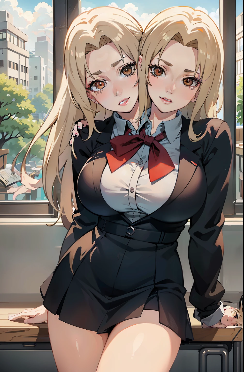 Masterpiece, Best quality, A high resolution, 1 girl, Side lighting, Masterpiece, Best quality, A high resolution, Tsunade, (two_heads:1.3),（ White ,A half body，On the classroom desk，Beautiful brown eyes, Gorgeous lips,mediuml breasts,Be red in the face，Idiotic laughter）