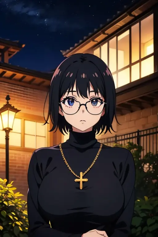 shizuku murasaki, 1girl, cute, black hair, short hair, glasses, expressionless, huge breast, ((tight black long sleeve turtlenec...