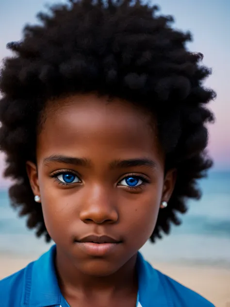 beach realistic closeup photo of an ablazed black boy with blue eyes with an afro during blue hour