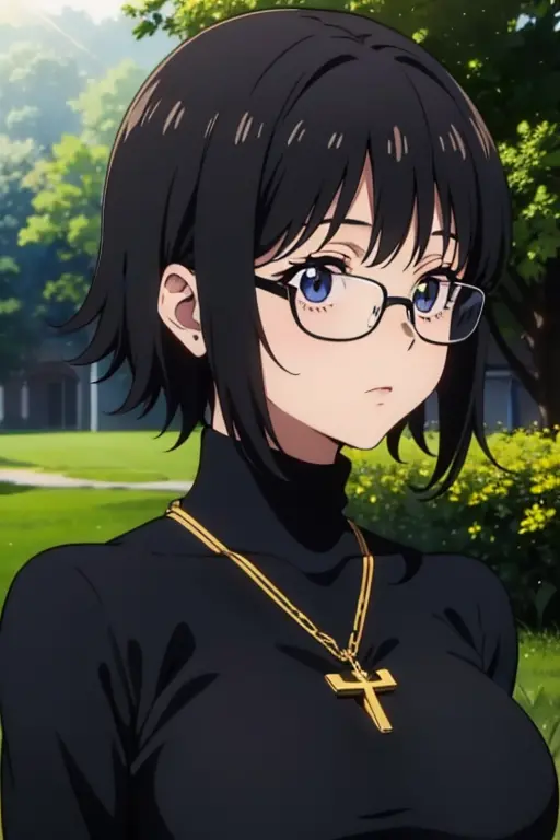 shizuku murasaki, 1girl, cute, black hair, short hair, glasses, expressionless, huge breast, ((tight black long sleeve turtlenec...