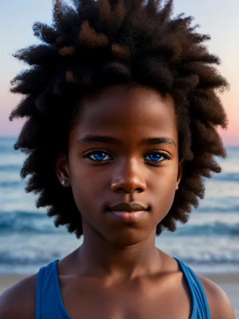 Beach realistic closeup photo of an ablazed black boy with blue eyes with an afro during blue hour