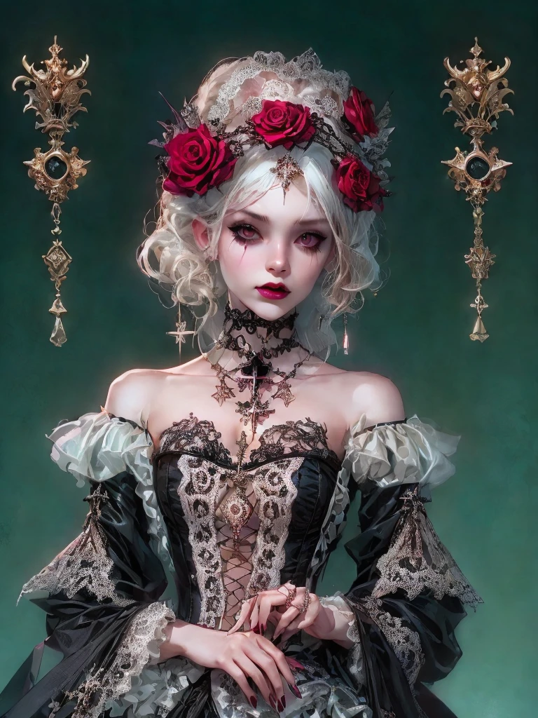 HighestQuali，tmasterpiece：1.2，Detailed details，1 Gothic girl，Black victorian dress，Gorgeous headdress，Bust，Rose flower，crosses，silver ornaments 、redheadwear、blond hair with victorian updo hairstyle 、paleskin、Black lipstick and eye shadow，Accessories include the Cross Medal，Pentagram，crosses，cloaks，shawl，Sexy，chies，a lit candle, full body image