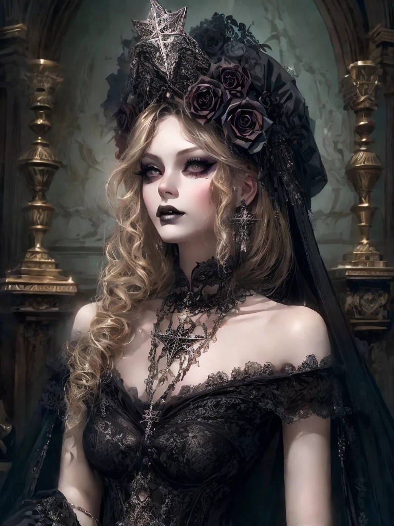 HighestQuali，tmasterpiece：1.2，Detailed details，1 Gothic girl，Black victorian dress，Gorgeous headdress，Bust，Rose flower，crosses，silver ornaments 、redheadwear、blond hair with victorian updo hairstyle 、paleskin、Black lipstick and eye shadow，Accessories include the Cross Medal，Pentagram，crosses，cloaks，shawl，Sexy，chies，a lit candle, full body image