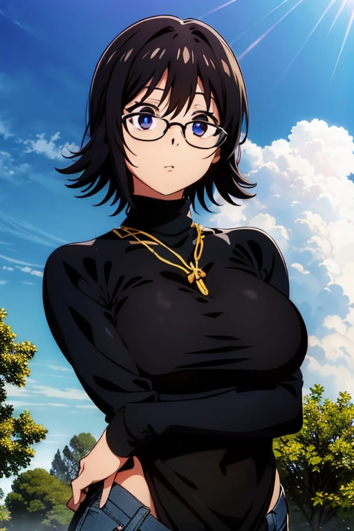 Shizuku Murasaki, 1girl, cute, black hair, short hair, glasses, expressionless, huge breast, ((tight black long sleeve turtleneck:1.5)), (upper body, looking at view, down arms), (masterpiece, high resolution, best quality, anime colored, anime screencap, 8k, photorealistic), denim, inverted cross chain necklace, (perfect detailed anatomy, beautiful detailed eyes&hair, beautiful face&skin, beautiful detailed body&clothes), sunshine outdoors