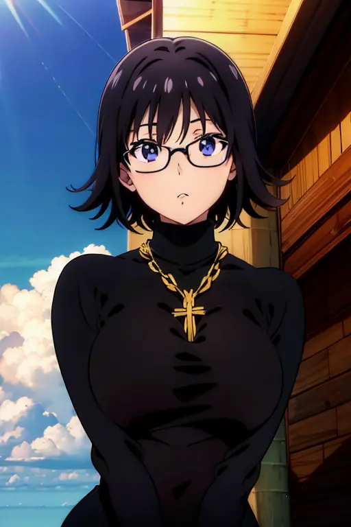 shizuku murasaki, 1girl, cute, black hair, short hair, glasses, expressionless, huge breast, ((tight black long sleeve turtlenec...