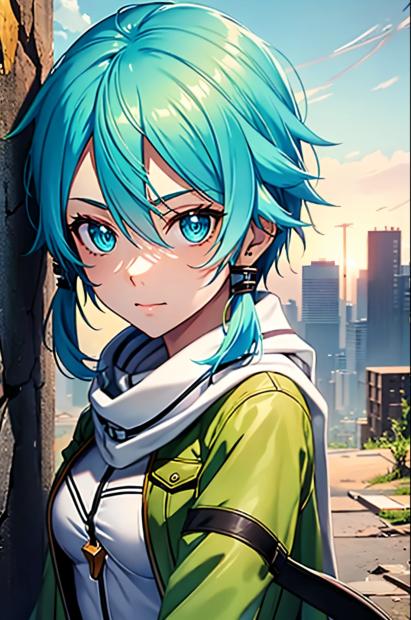 (face portrait:1.2), (masterpiece), best quality, expressive eyes, perfect face, highres, sinon1, scarf, fingerless gloves, long sleeves, short shorts, hair ornament, hairclip, green jacket,field, ruins background, ruined structures, standing, looking at the viewer,