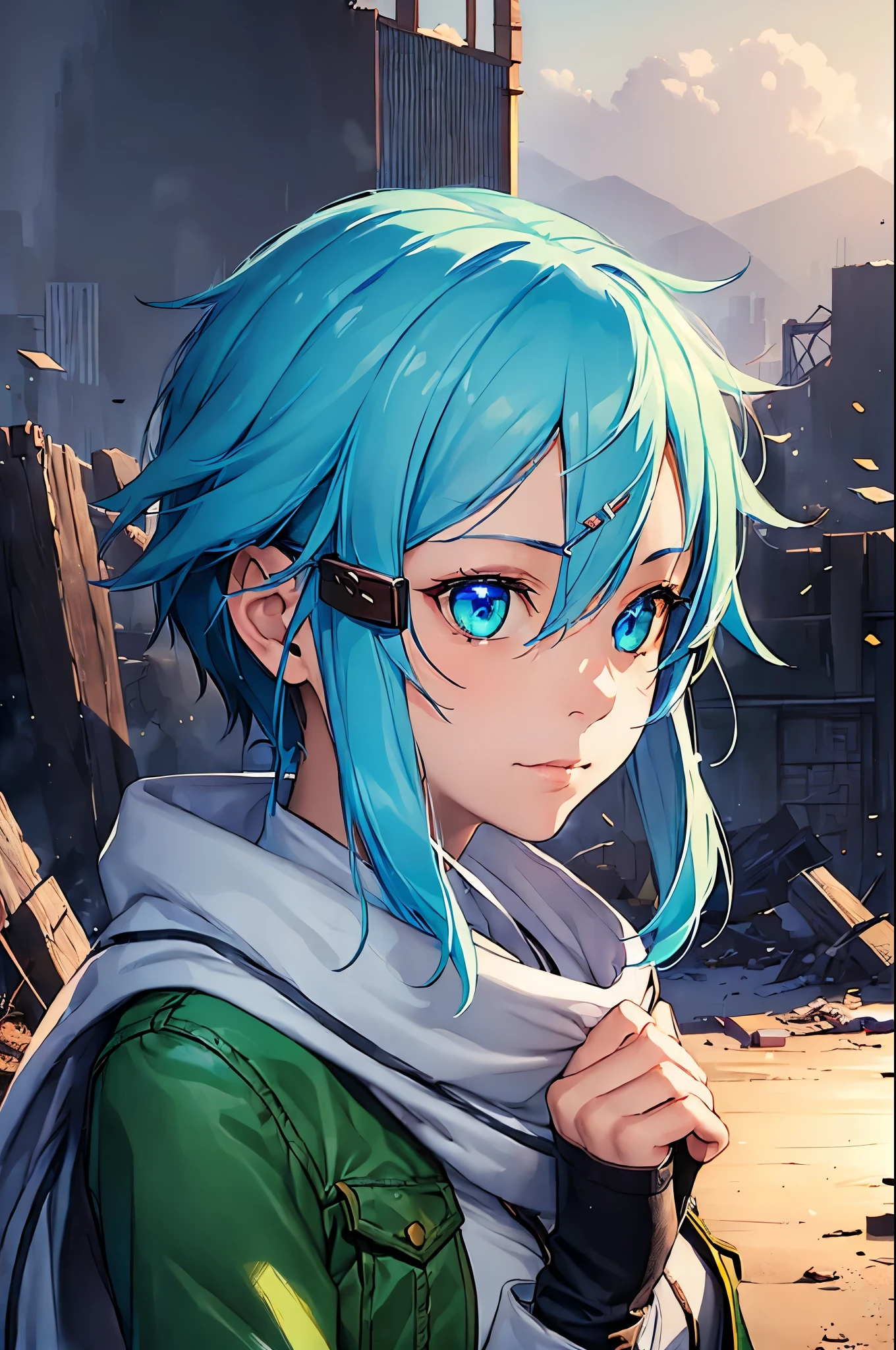 (face portrait:2), (masterpiece), best quality, expressive eyes, perfect face, highres, sinon1, scarf, fingerless gloves, long sleeves, short shorts, hair ornament, hairclip, green jacket,field, ruins background, ruined structures, standing, upper body, portrait, looking at the viewer,