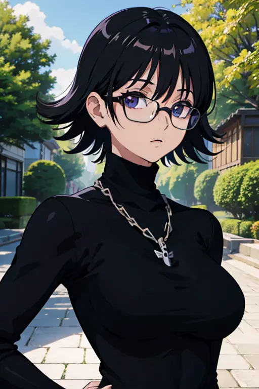 shizuku murasaki, 1girl, cute, black hair, short hair, glasses, expressionless, huge breast, ((tight black long sleeve turtlenec...