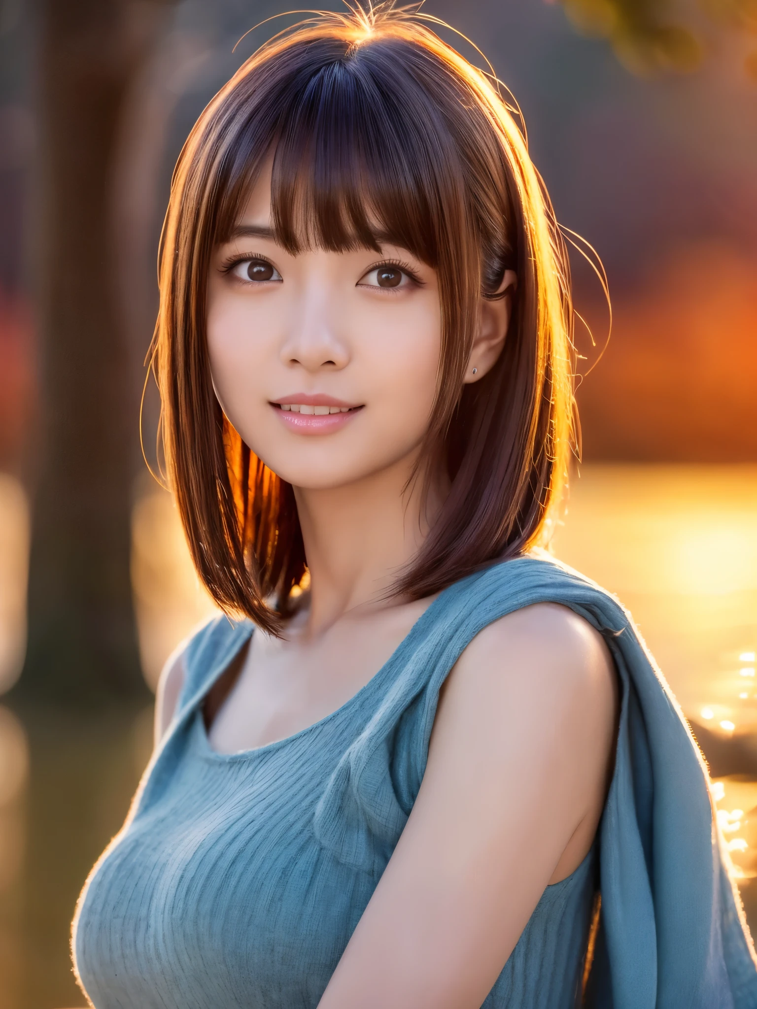 1 young girl, Extremely beautiful, (Extremely cute), (extremely detailed beautiful face), Amazing face and eyes, rather dense hair、bob cuts、slightly brighter eyes、normal makeup、(Mini dress with camisole)、(Best Quality:1.4), (Ultra-detailed), extremely detailed CG unified 8k wallpaper, A hyper-realistic, (Photorealsitic:1.4), full body Esbian、Raw photography, professional photograpy, Cinematic lighting, Realistic portrait, ((Bokeh)), (depth of fields:1.4), (View photographer:1.3)、30 years old、(Inokashira Park),(Inokashira Pond)、(full body Esbian)、Accurate eyes、Beautiful mouth、(Keep your mouth completely closed)、(early evening:1.3)、(look at a camera)、(brilliant sunset:1.25)、(Orange evening sky:1.25)、no sleeves、Melancholy look