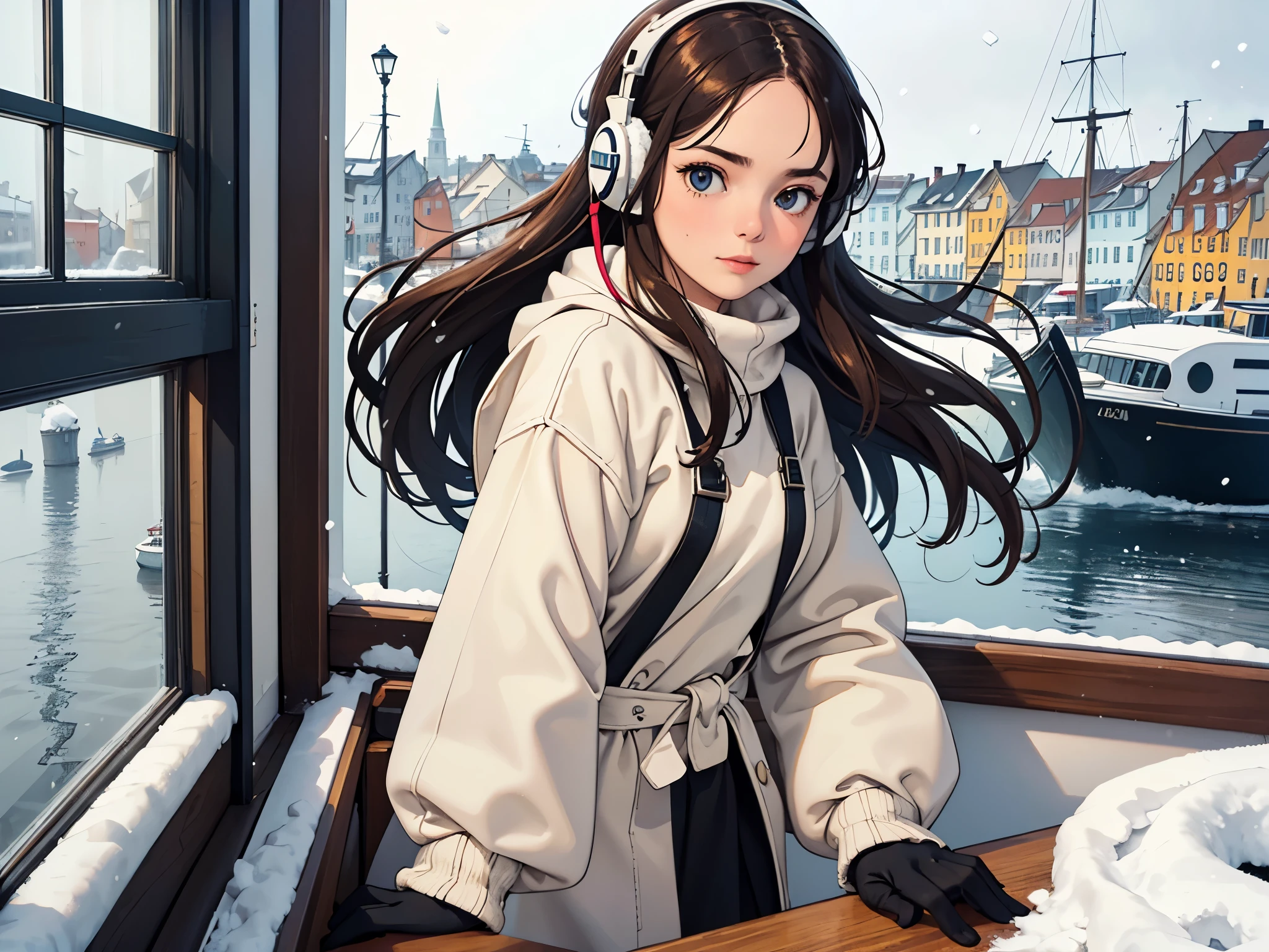 lofi relaxed one brunette girl with headphones takes a selfie, sails in a boat, looks outside, head glued to window. winter. snowing. bad weather. in windows beautiful saturated landscape of colorful (winter Nyhavn in Copenhagen). travel. tourist. sweater, gloves. long hair blown by wind.