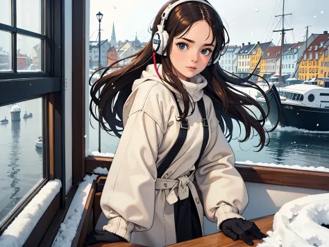 lofi relaxed one brunette girl with headphones takes a selfie, sails in a boat, looks outside, head glued to window. winter. sno...