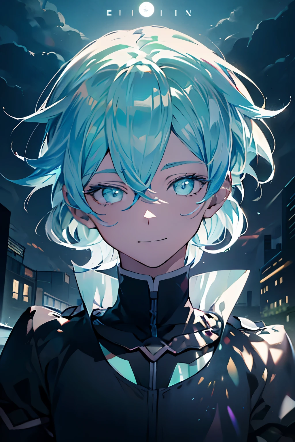 masterpiece, best quality, ((((1boy)))), (colorful),(finely detailed beautiful eyes and detailed face),cinematic lighting,extremely detailed 8k wallpaper, sky, cloudy_sky, building, moonlight, moon, night, (dark theme:1.3), light, fantasy, (((Only one character))), 1 boy, male, cyan hair, cyan eyes, Sinon Gun Gale Online, Final Fantasy XIV, Serene expression, ((Sinon)) ((Smile))