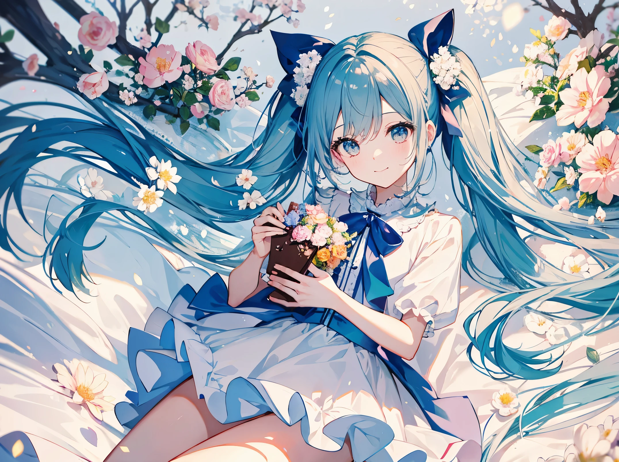 （master piece，best quality：1.6），holding a big chocolate with a valentine&#39;s day ribbon　light blue long hair、Beautiful girl with twin tails、adorable smile、Cute loli style costume、White flower，White flowerが咲き誇る庭，petals are flying，Close-up of flowers，long focal，(The photo is full of flowers)