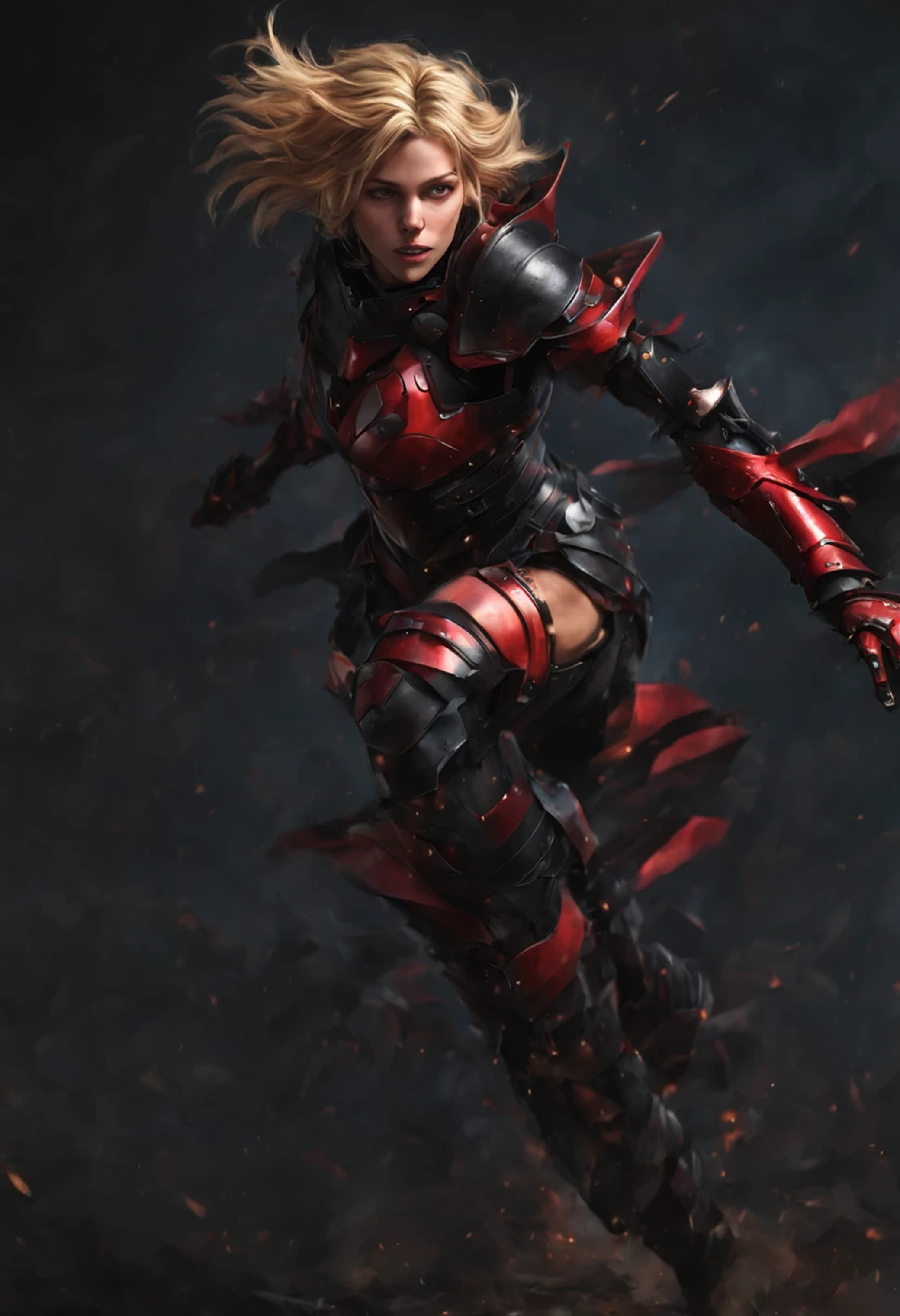 (Blonde warrior in armor),((masterpiece, top quality, best quality, official art, beautiful and aesthetic:1.2)), extreme detailed, colorful, highest detailed darker black-charcoal to red and black color palette, masterpiece, (best quality:1.2), [:intricate details:0.2], beautiful hands, slender waist, thick hips and long slender legs, running, (action shot), cinematic, realistic babe, dark, atmospheric.
