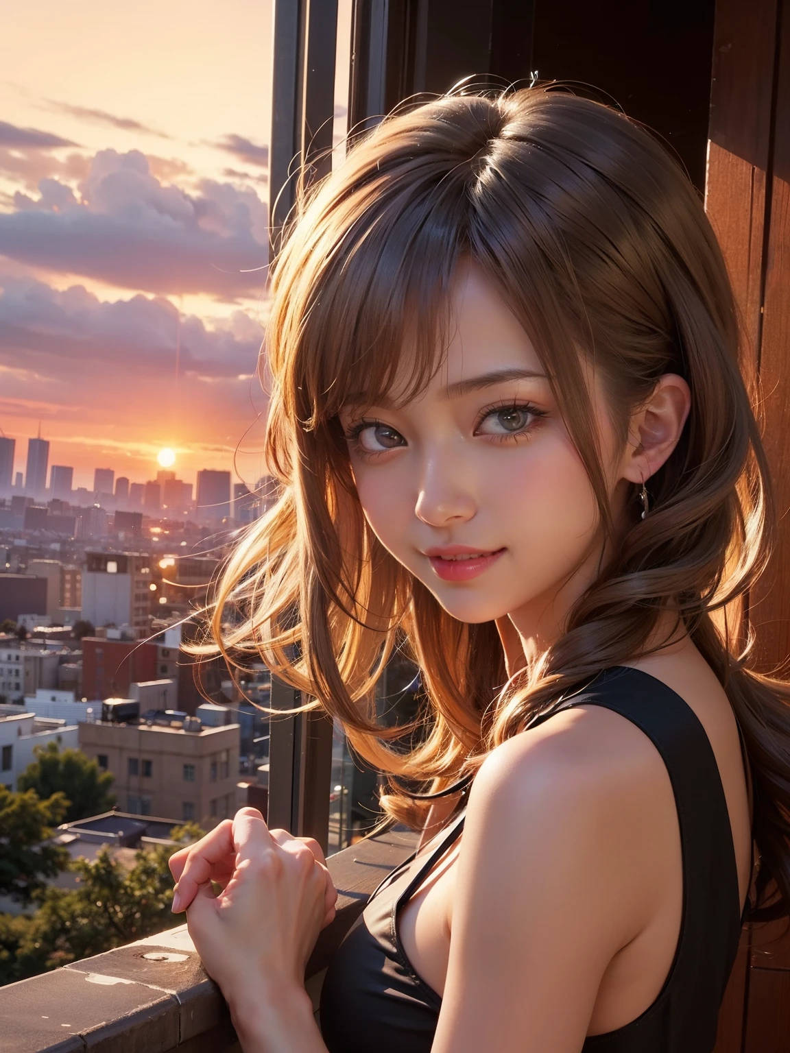 xxmixgirl,1 girl, Fisheye, Self snap, Wind, messy hair, sunset, cityscape, (Aesthetics and atmosphere:1.2), gray hair,smile,movie girl