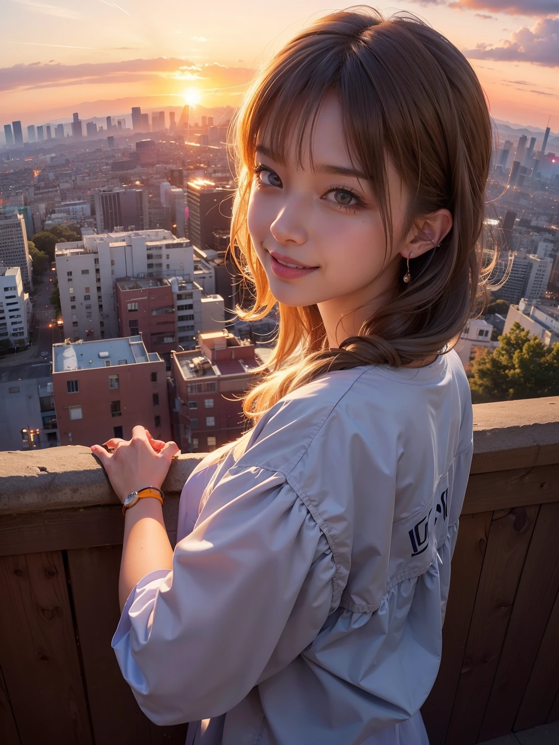 xxmixgirl,1 girl, Fisheye, Self snap, Wind, messy hair, sunset, cityscape, (Aesthetics and atmosphere:1.2), gray hair,smile,movie girl