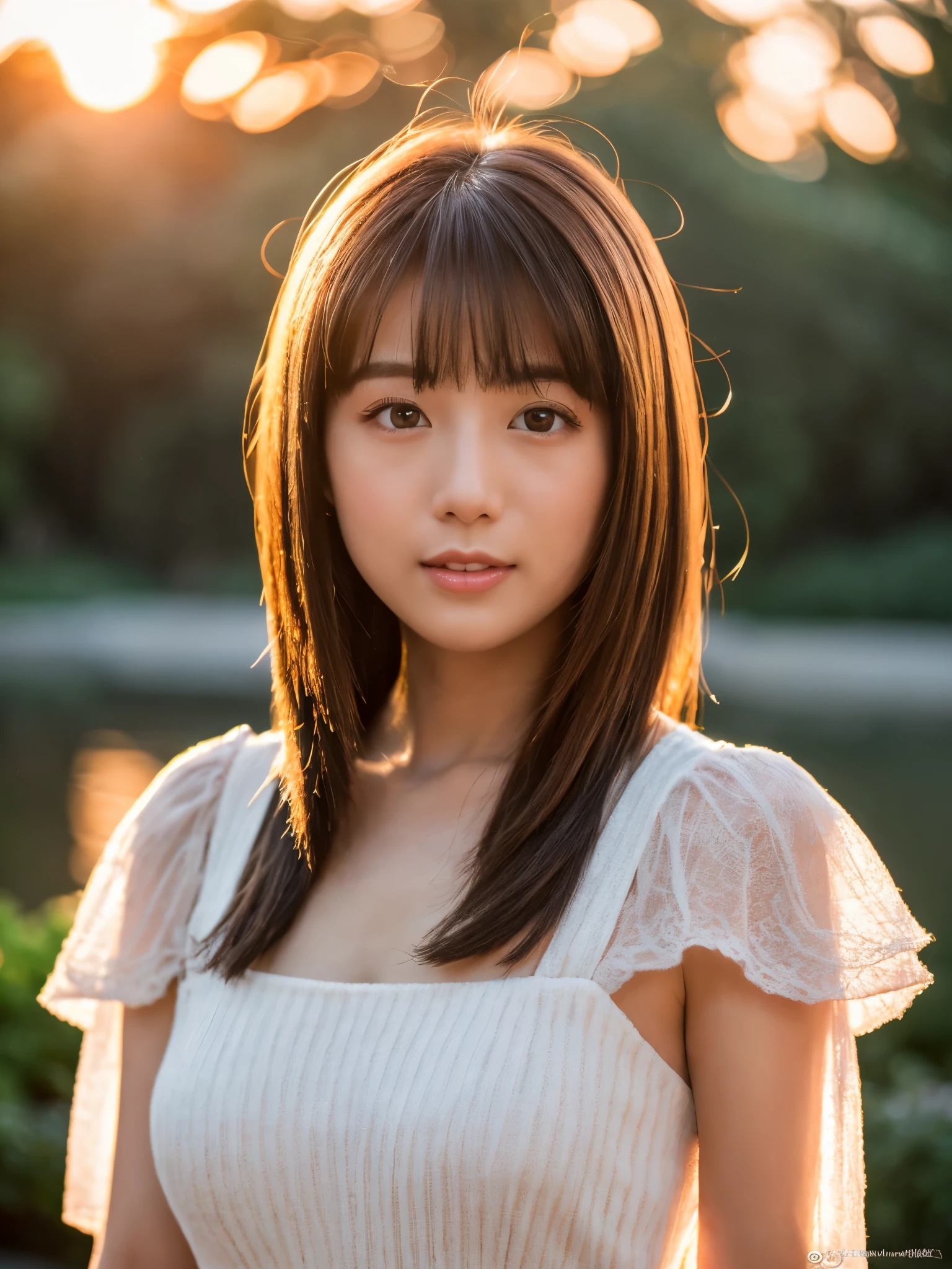 1 Japanese lady, Extremely beautiful, (Extremely cute), (extremely detailed beautiful face), Amazing face and eyes, rather dense hair、bob cuts、slightly brighter eyes、normal makeup、(Mini dress with camisole)、(Best Quality:1.4), (Ultra-detailed), extremely detailed CG unified 8k wallpaper, A hyper-realistic, (Photorealsitic:1.4), full body Esbian、Raw photography, professional photograpy, Cinematic lighting, Realistic portrait, ((Bokeh)), (depth of fields:1.4), (View photographer:1.3)、40 years old、(Inokashira Park),(Inokashira Pond)、(full body Esbian)、Accurate eyes、Beautiful mouth、(Keep your mouth completely closed)、(early evening:1.3)、(look at a camera)、(brilliant sunset:1.25)、(Orange evening sky:1.25)、no sleeveelancholy look