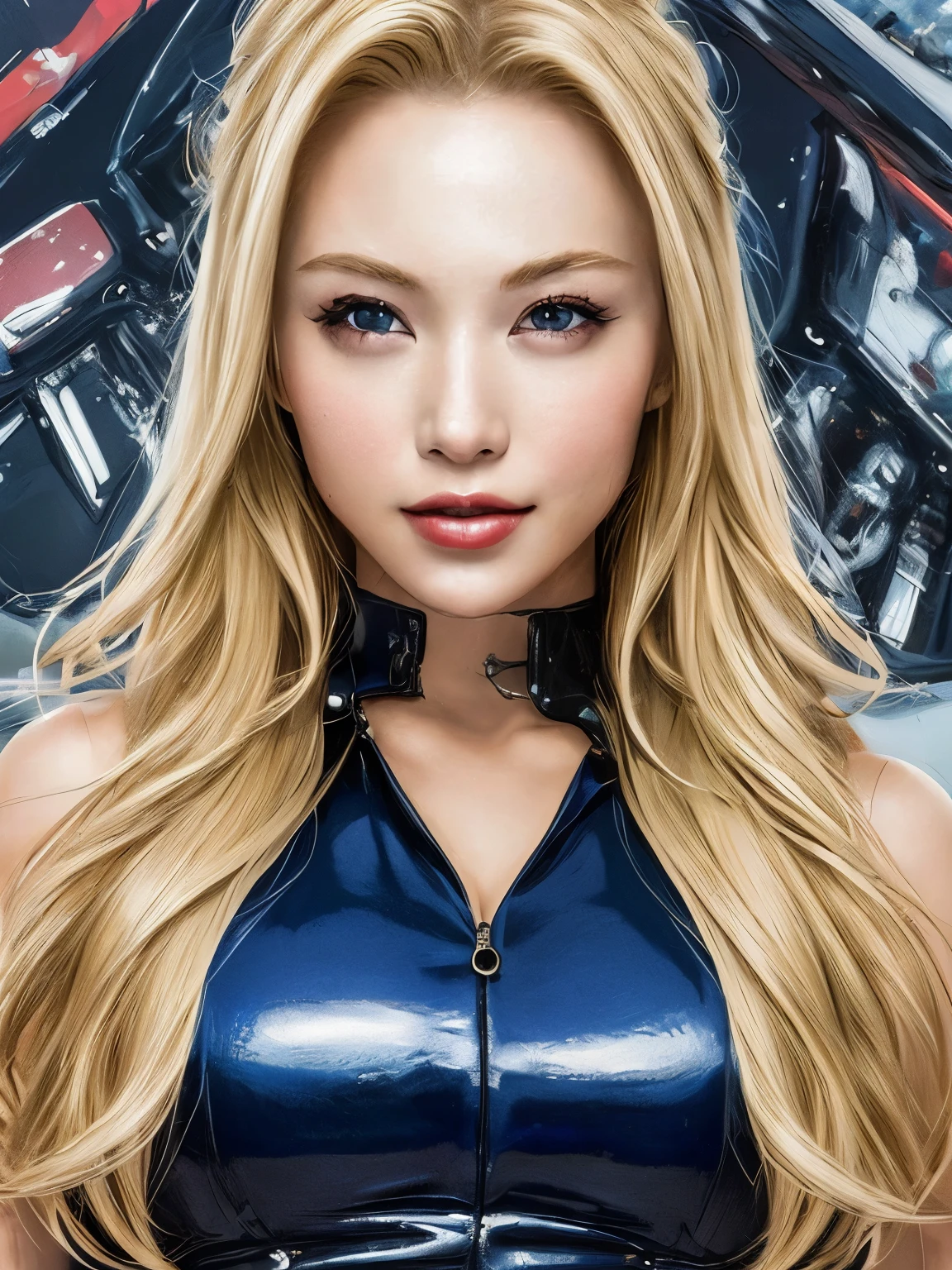 (masterpiece:1.4)、(highest quality:1.4)、
1 girl, Bewitching Grid Girl, blonde long hair, looking at the viewer, solo ,realistic,(shiny skin),(masterpiece:1.4),(highest quality:1.4),red lips,racing venue