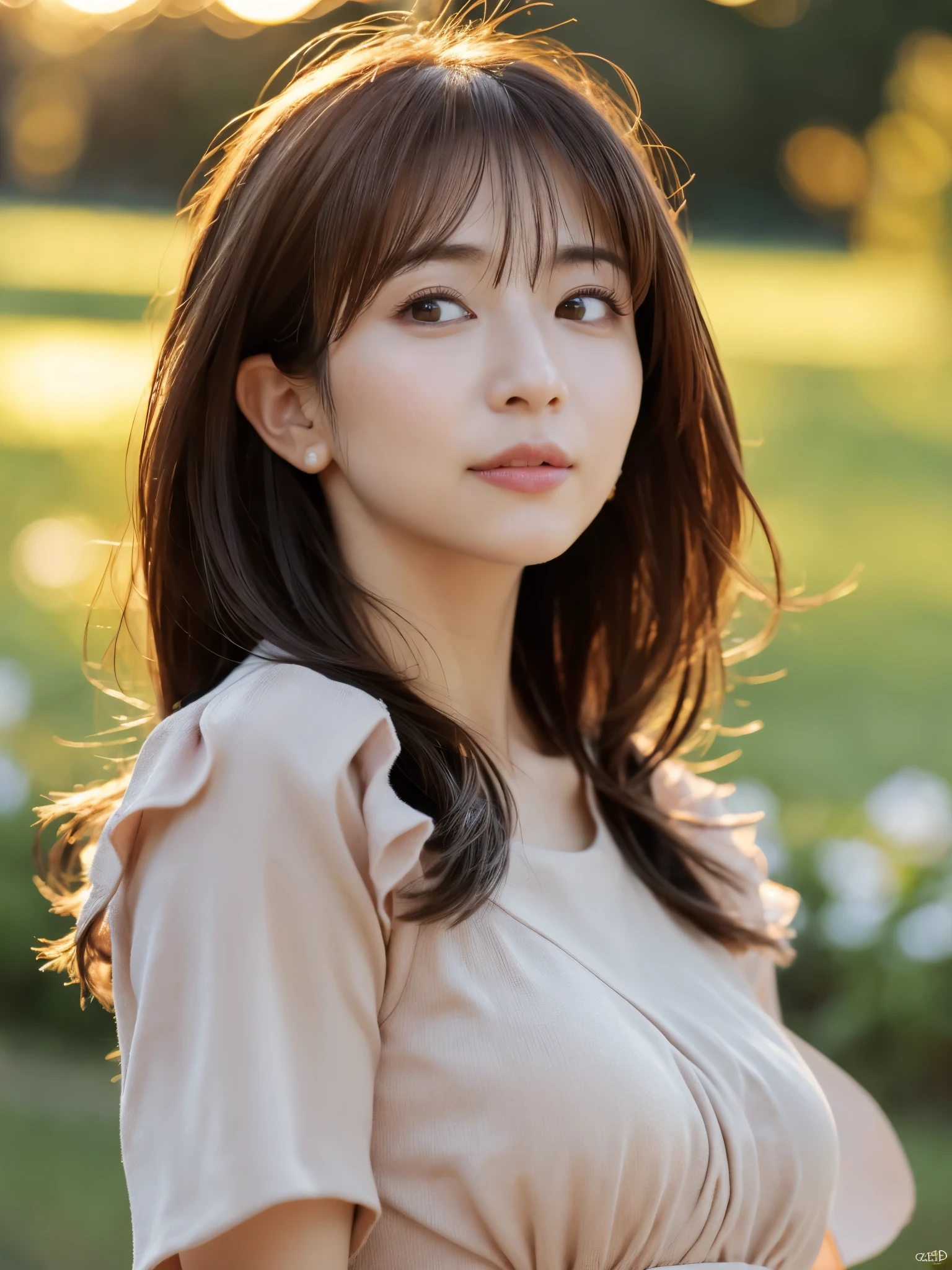 1 Japanese lady, 40 years old, Extremely beautiful, (Extremely cute), (extremely detailed beautiful face), Amazing face and eyes, rather dense hair, various hair style, slightly brighter eyes, normal makeup, (Mini dress with camisole), (Best Quality:1.4), (Ultra-detailed), extremely detailed CG unified 8k wallpaper, A hyper-realistic, (Photorealsitic:1.4), Raw photography, professional photograpy, Cinematic lighting, Realistic portrait, ((Bokeh)), (depth of fields:1.4), (View photographer:1.3), (in a Park with a pond), Small breasts, extremely thin waist, (full body Esbian), Accurate eyes, Beautiful mouth, (Keep your mouth completely closed), (early evening:1.3), (look at a camera), (brilliant sunset:1.25), no sleeves, Melancholy look