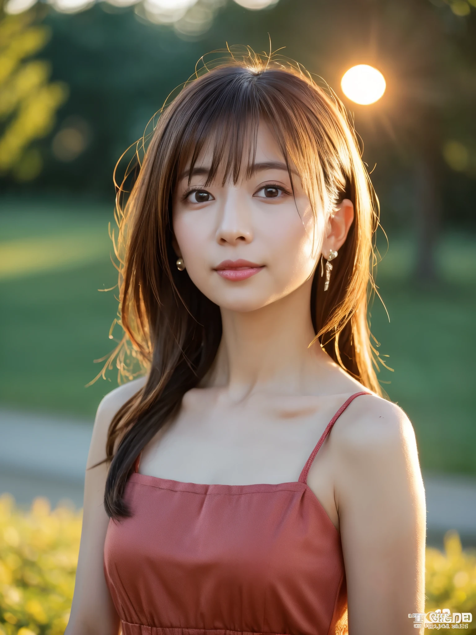 1 Japanese lady, 40 years old, Extremely beautiful, (Extremely cute), (extremely detailed beautiful face), Amazing face and eyes, rather dense hair, various hair style, slightly brighter eyes, normal makeup, (Mini dress with camisole), (Best Quality:1.4), (Ultra-detailed), extremely detailed CG unified 8k wallpaper, A hyper-realistic, (Photorealsitic:1.4), Raw photography, professional photograpy, Cinematic lighting, Realistic portrait, ((Bokeh)), (depth of fields:1.4), (View photographer:1.3), (in a Park with a pond), Small breasts, extremely thin waist, (full body Esbian), Accurate eyes, Beautiful mouth, (Keep your mouth completely closed), (early evening:1.3), (look at a camera), (brilliant sunset:1.25), no sleeves, Melancholy look