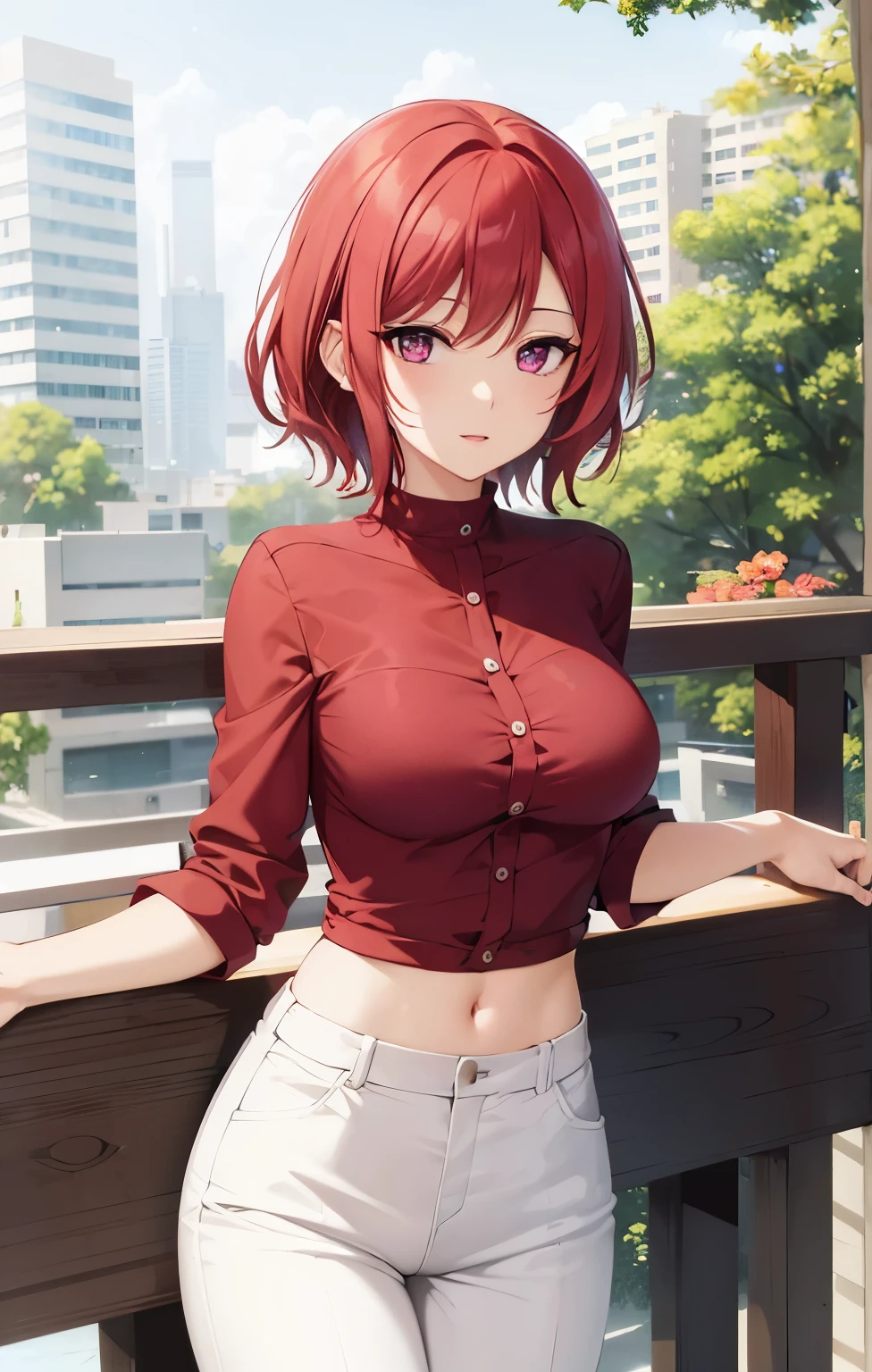 nishikino maki, 보라색 눈,((짧은 빨간 머리)), 블라우스, 흰색 바지, (횡격막:0.8)발코니,(입술:0.7), llchar