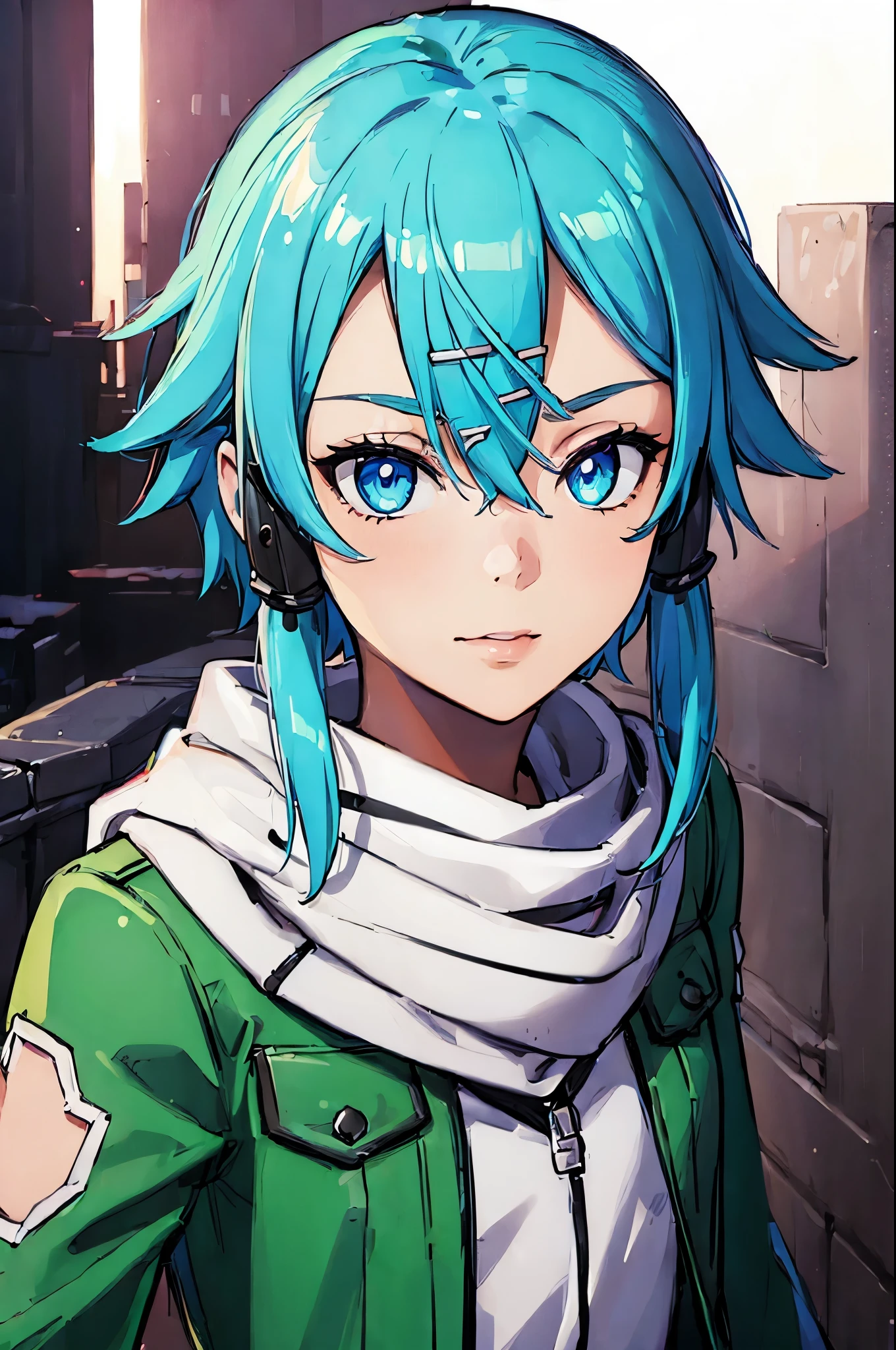 (face portrait:2), (masterpiece), best quality, expressive eyes, perfect face, highres, sinon1, scarf, fingerless gloves, long sleeves, short shorts, hair ornament, hairclip, green jacket,field, ruins background, ruined structures, standing, looking at the viewer,