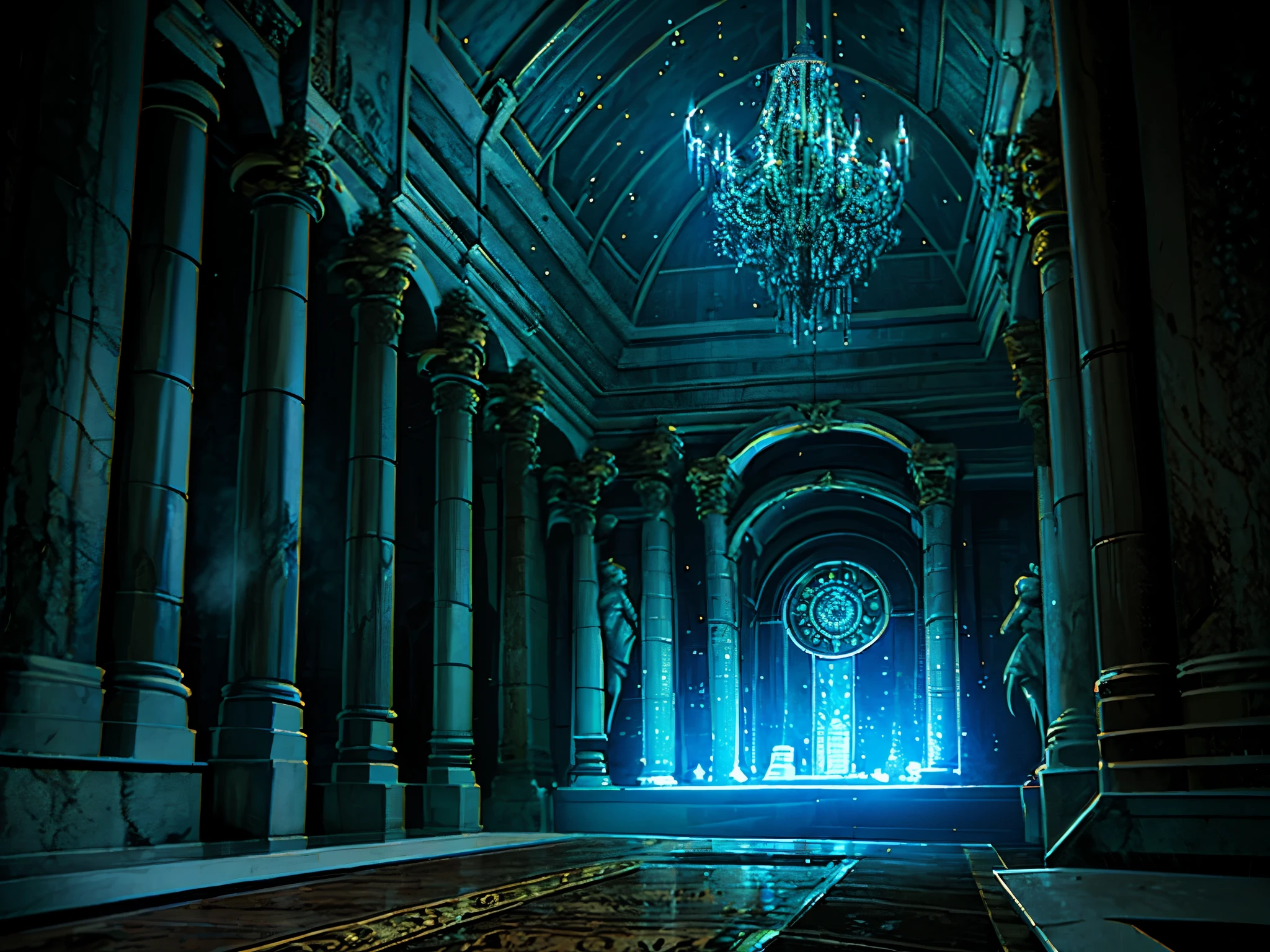 A dark celestial ethereal room sorrounded by ancient statues