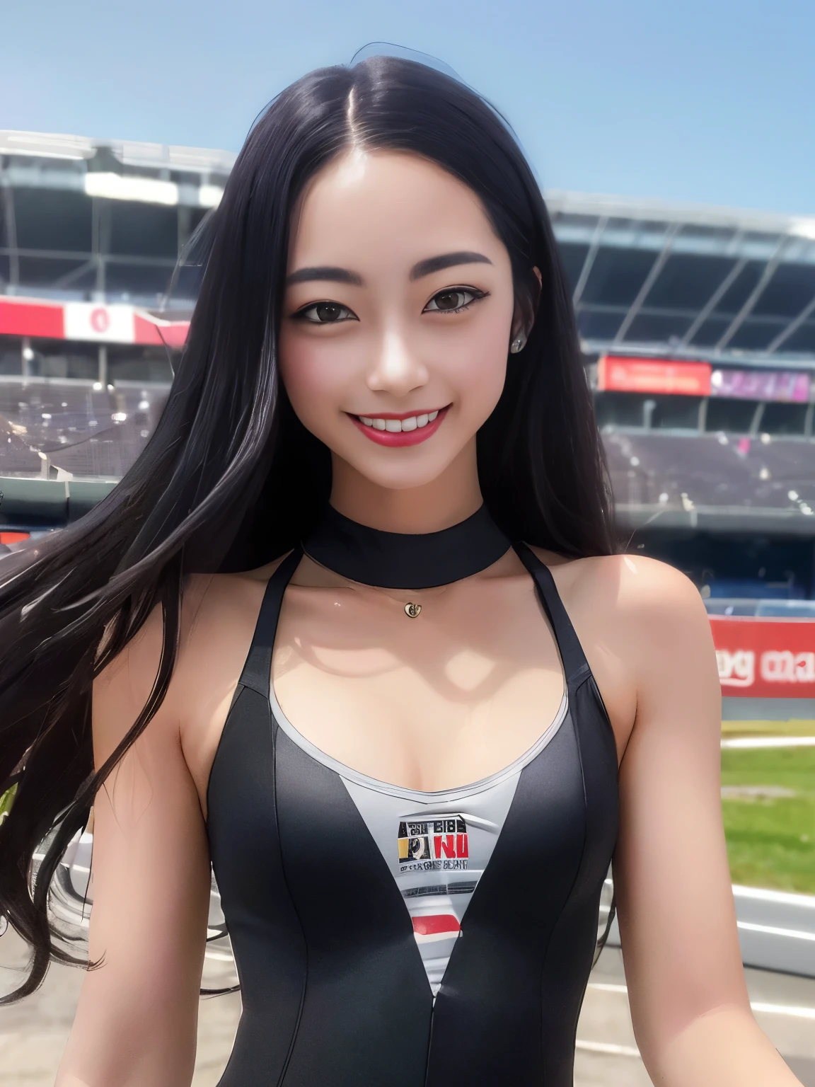 (masterpiece:1.4)、(highest quality:1.4)、
1 girl, Bewitching Grid Girl, long black hair, looking at the viewer, solo ,realistic,(shiny skin),(masterpiece:1.4),(highest quality:1.4),red lips,racing venue、25 years old