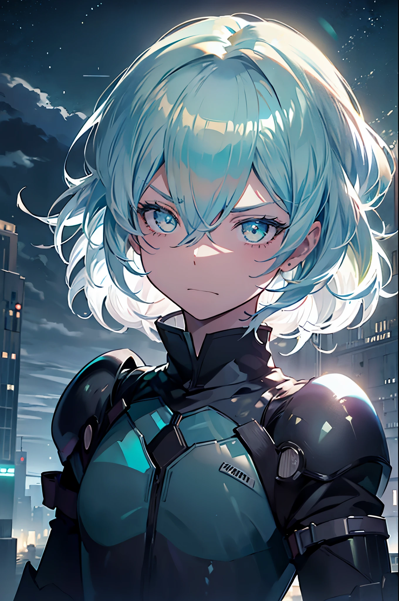 masterpiece, best quality, ((((1girl)))), (colorful),(finely detailed beautiful eyes and detailed face),cinematic lighting,extremely detailed 8k wallpaper, sky, cloudy_sky, building, moonlight, moon, night, (dark theme:1.3), light, fantasy, (((Only one character))), 1 girl, cyan hair, cyan eyes, Sinon Gun Gale Online, Final Fantasy XIV, fierce expression, ((Sinon)) ((Battle Armor)) ((Enraged)) ((Serious))