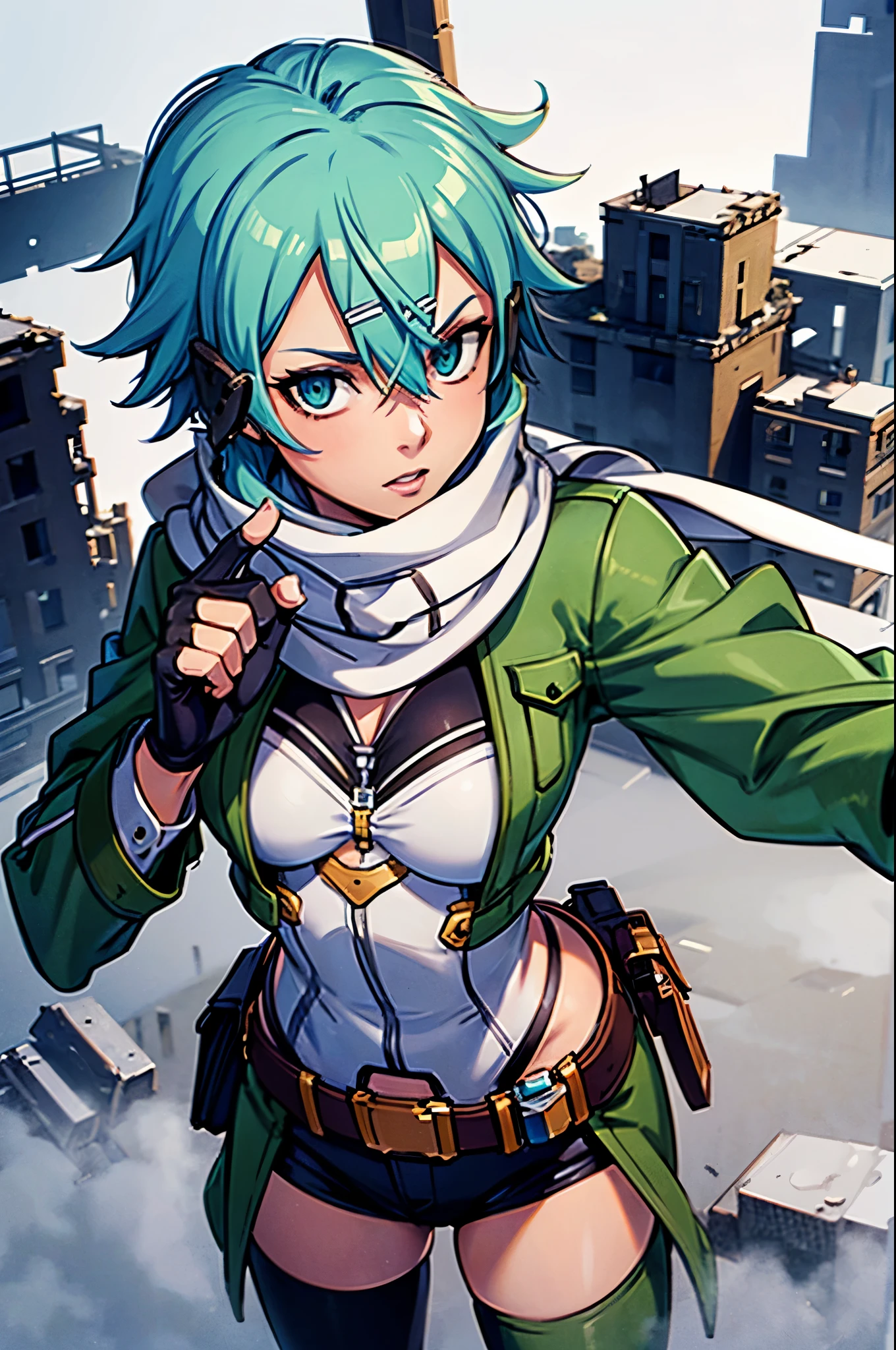 (masterpiece), best quality, expressive eyes, perfect face, highres, sinon1, scarf, fingerless gloves, long sleeves, short shorts, hair ornament, hairclip, green thighhighs, green jacket, thigh strap, field, ruins background, ruined structures, standing, portrait, looking at the viewer, (overhead view:2)