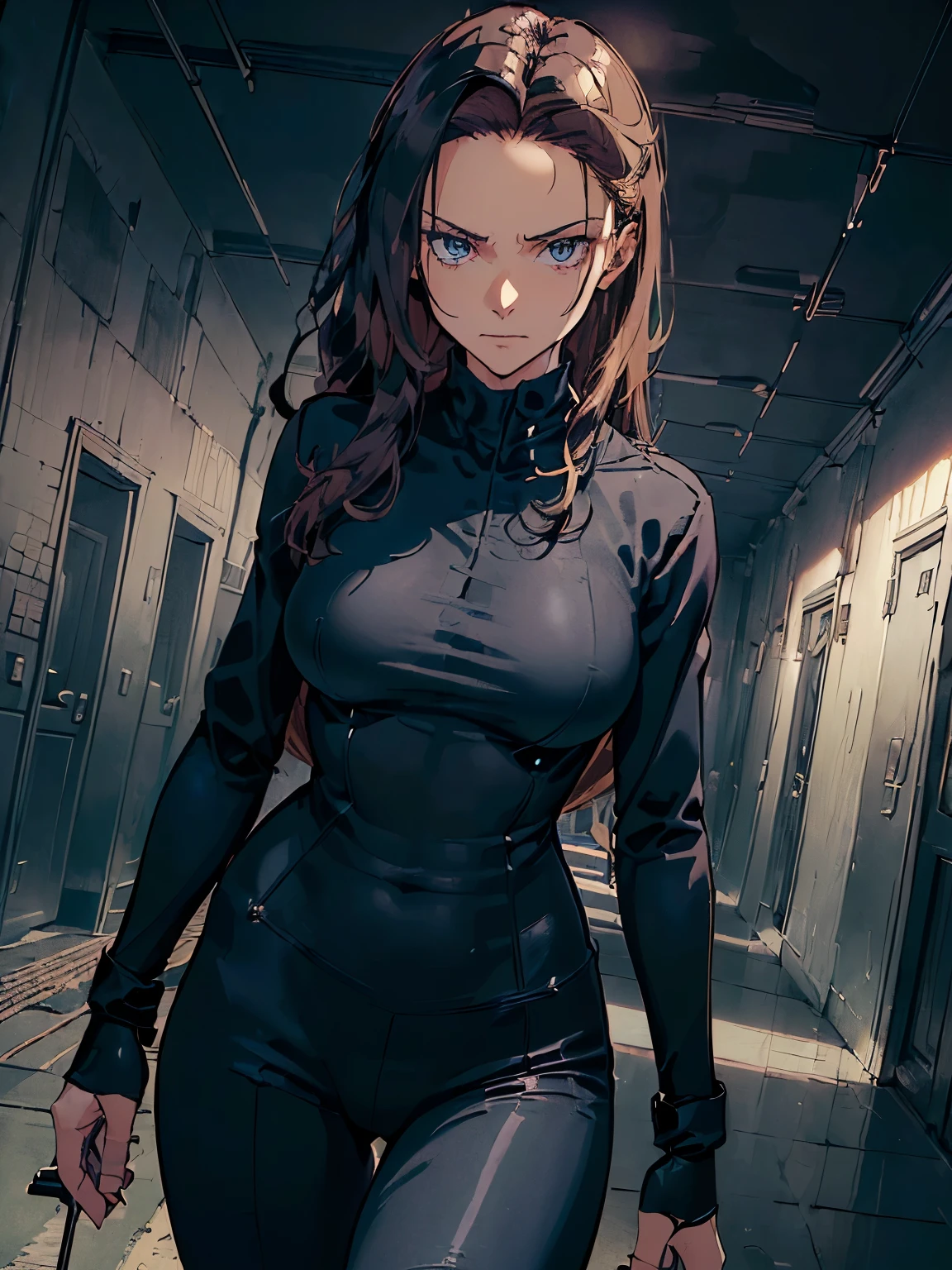 ((( masterpiece ))) ((( background : evil lair : high tech equipment : hallway : a couple of guards ))) ((( character : Rebecca : fit body : long smart hair : black skintight spy suit : hiding behind a wall : hiding from guards : serious : holding a gun : spying )))