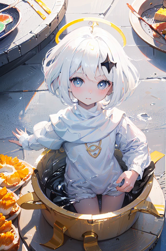 A ten-year-old girl, (Contemporary art like a picture book )(Flat Oil Painting)(simplified)(Low saturation)(Overview with Crayons)(Many white space)(Less is more)(10 year old girl with white hair, loli, naked, nude, head ornament