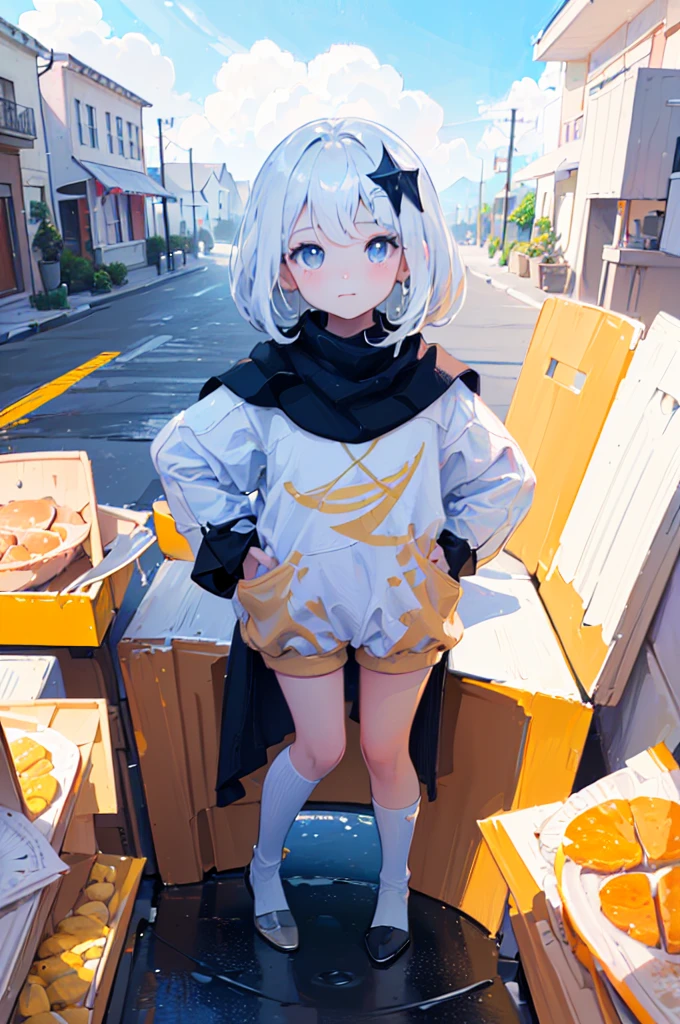 A ten-year-old girl, (Contemporary art like a picture book )(Flat Oil Painting)(simplified)(Low saturation)(Overview with Crayons)(Many white space)(Less is more)(10 year old girl with white hair, loli, naked, nude, head ornament