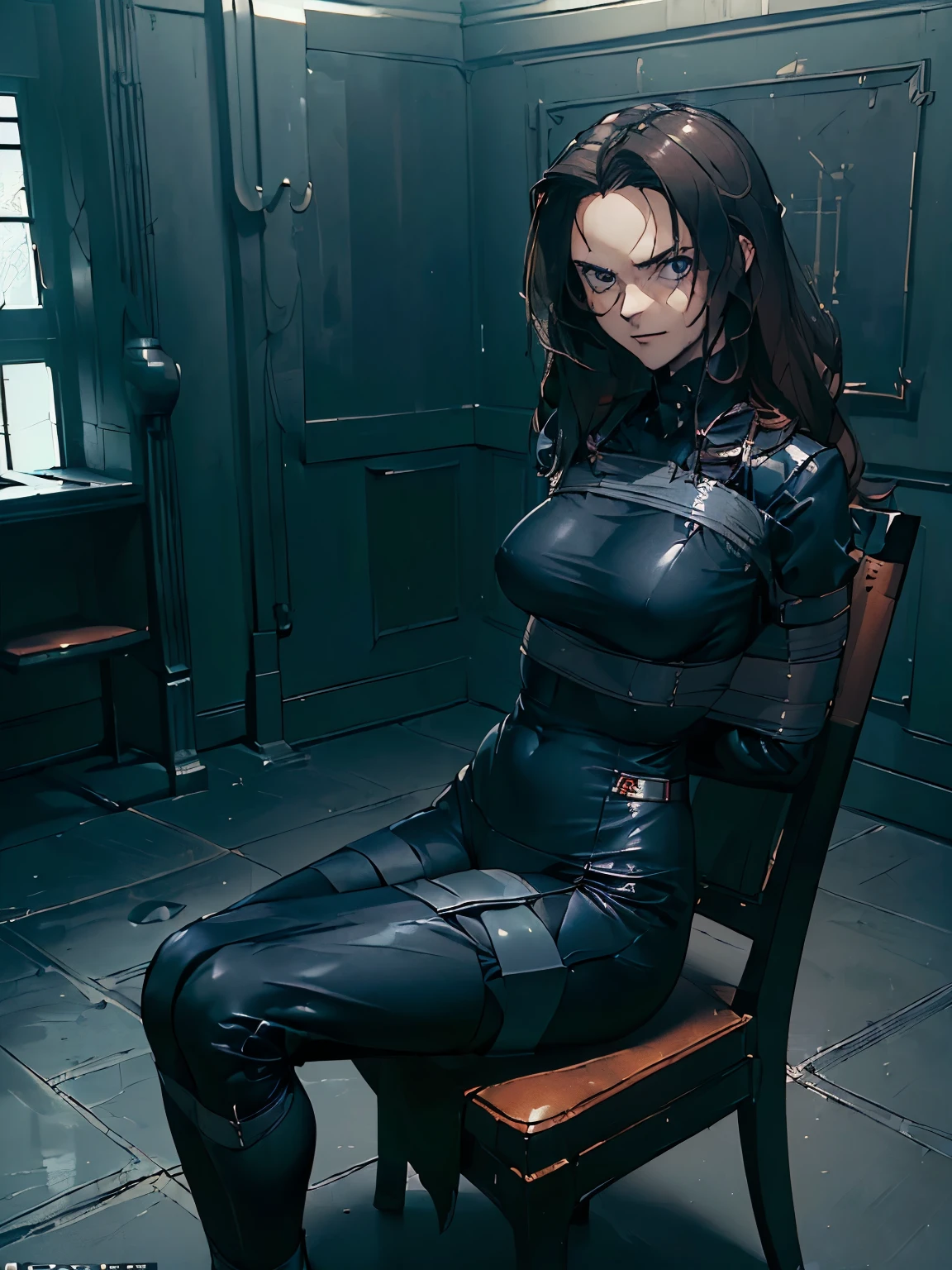 ((( masterpiece ))) ((( background : evil lair : high tech equipment : im a creepy room : a couple of guards ))) ((( character : Rebecca : fit body : long smart hair : black skintight spy suit : bound to a chair : captured : serious : hands tied behind : leg tied )))