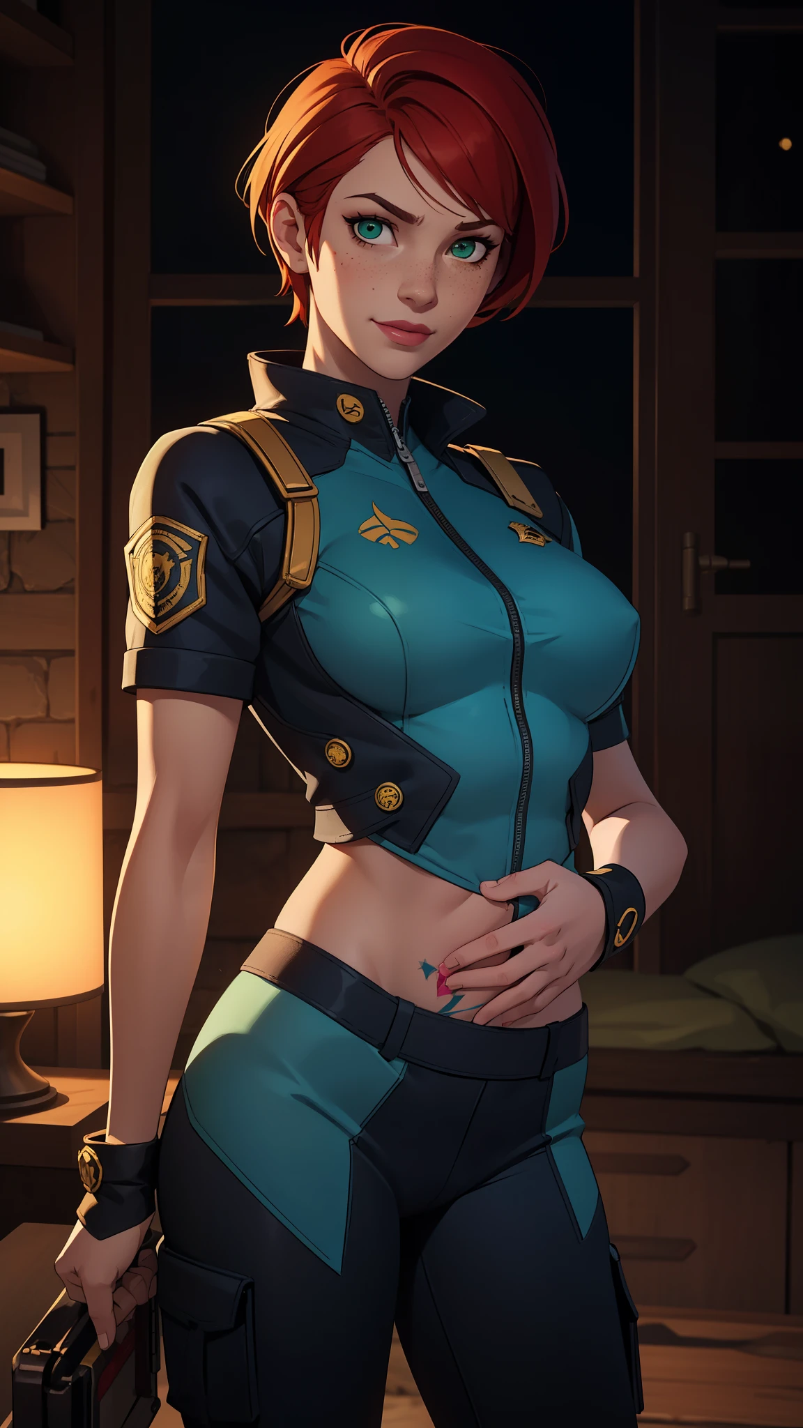 gwen tennyson,1girl,tracer,jill valentine, rebecca chambers,overwatch,resident evil,close up,mecha pilot,body paint, haunted forest,tattoos,blue and gray plugsuit,hair pin,steel short sleeve silk top,steel cargo pants,uncovered belly, short hair,cute makeup,green eyes,red and gold hair,shy smile,freckles, redhead,beautiful girl,large breasts, ultra detailed,realistic,fantasy art, military uniform,steel armor,haunted lab,moonlight,police uniform,pilot jacket,
