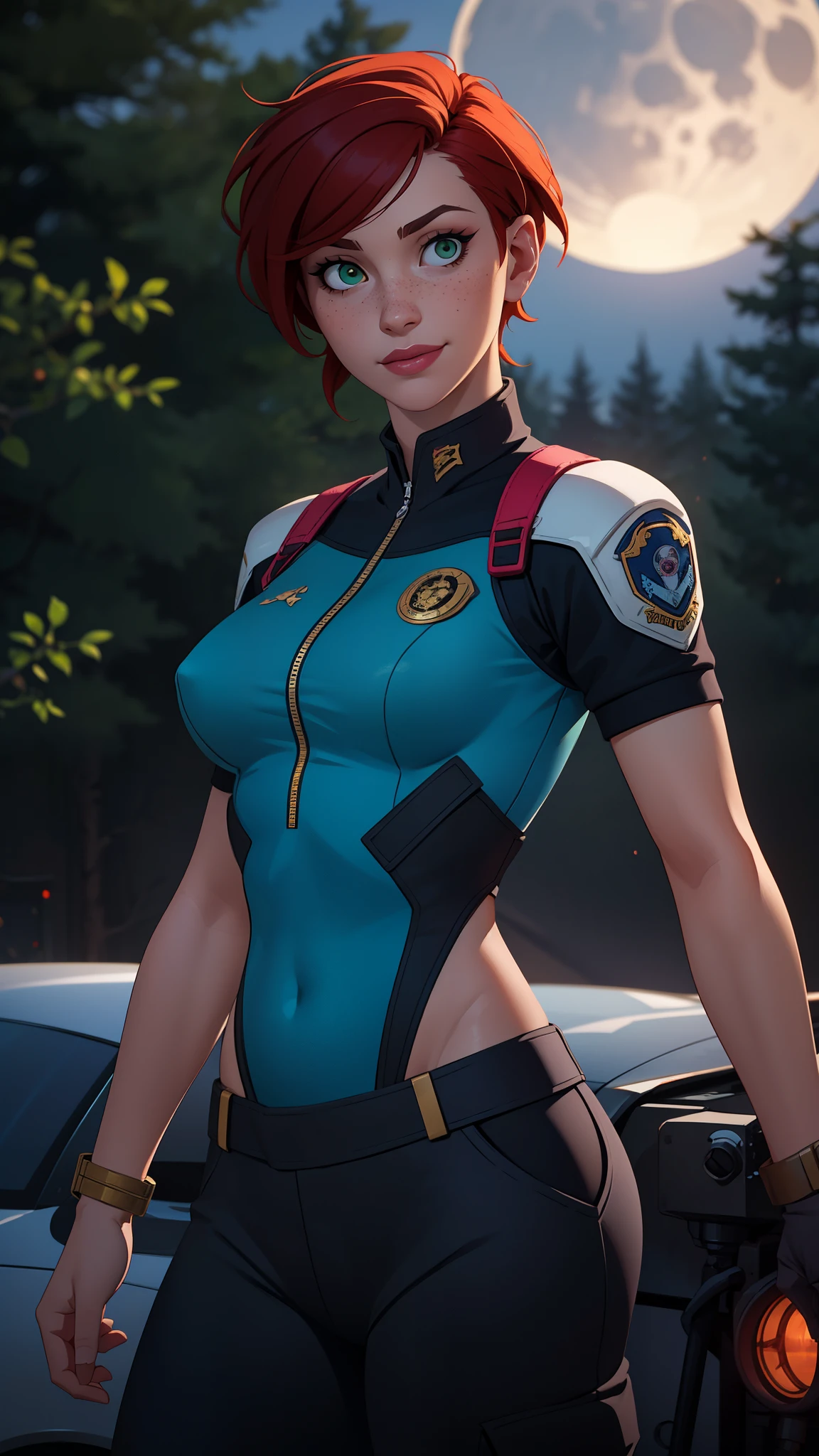 gwen tennyson,1girl,tracer,jill valentine, rebecca chambers,overwatch,resident evil,close up,mecha pilot,body paint, haunted forest,tattoos,blue and gray plugsuit,hair pin,steel short sleeve silk top,steel cargo pants,uncovered belly, short hair,cute makeup,green eyes,red and gold hair,shy smile,freckles, redhead,beautiful girl,large breasts, ultra detailed,realistic,fantasy art, military uniform,steel armor,haunted lab,moonlight,police uniform,pilot jacket,