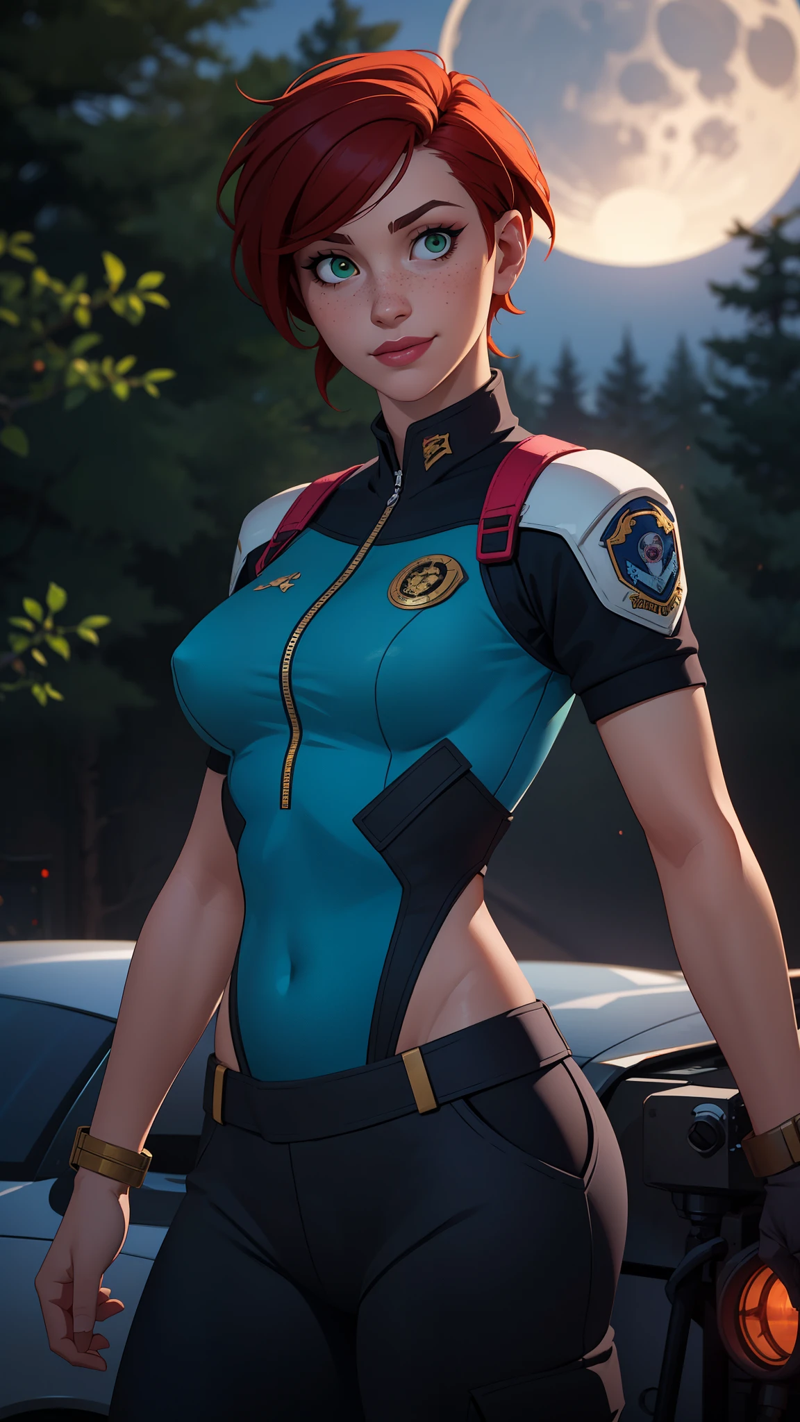 gwen tennyson,1 Mädchen,Leuchtspur,Jill Valentine, Rebecca Kammern,overwatch,Resident Evil,Nahaufnahme,Mecha-Pilot,Körperfarbe, verwunschener Wald,Tätowierungen,blauer und grauer Plugsuit,Haarnadel,kurzärmliges Seidentop aus Stahl,Stahl-Cargohose,unbedeckter Bauch, Kurzes Haar,süßes Make-up,grüne Augen,rotes und goldenes Haar,schüchternes Lächeln,Sommersprossen, Rothaarige,schönes Mädchen,große Brüste, Extrem detailliert,realistisch,Fantasy-Kunst, Militäruniform,Stahlrüstung,Spuklabor,Mondlicht,polizeiuniform,Pilotenjacke,