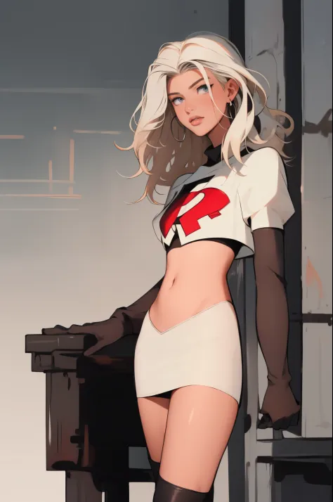 the face of lorengray, team rocket,team rocket uniform, red letter R, white skirt,white crop top,black thigh-highs,black elbow g...