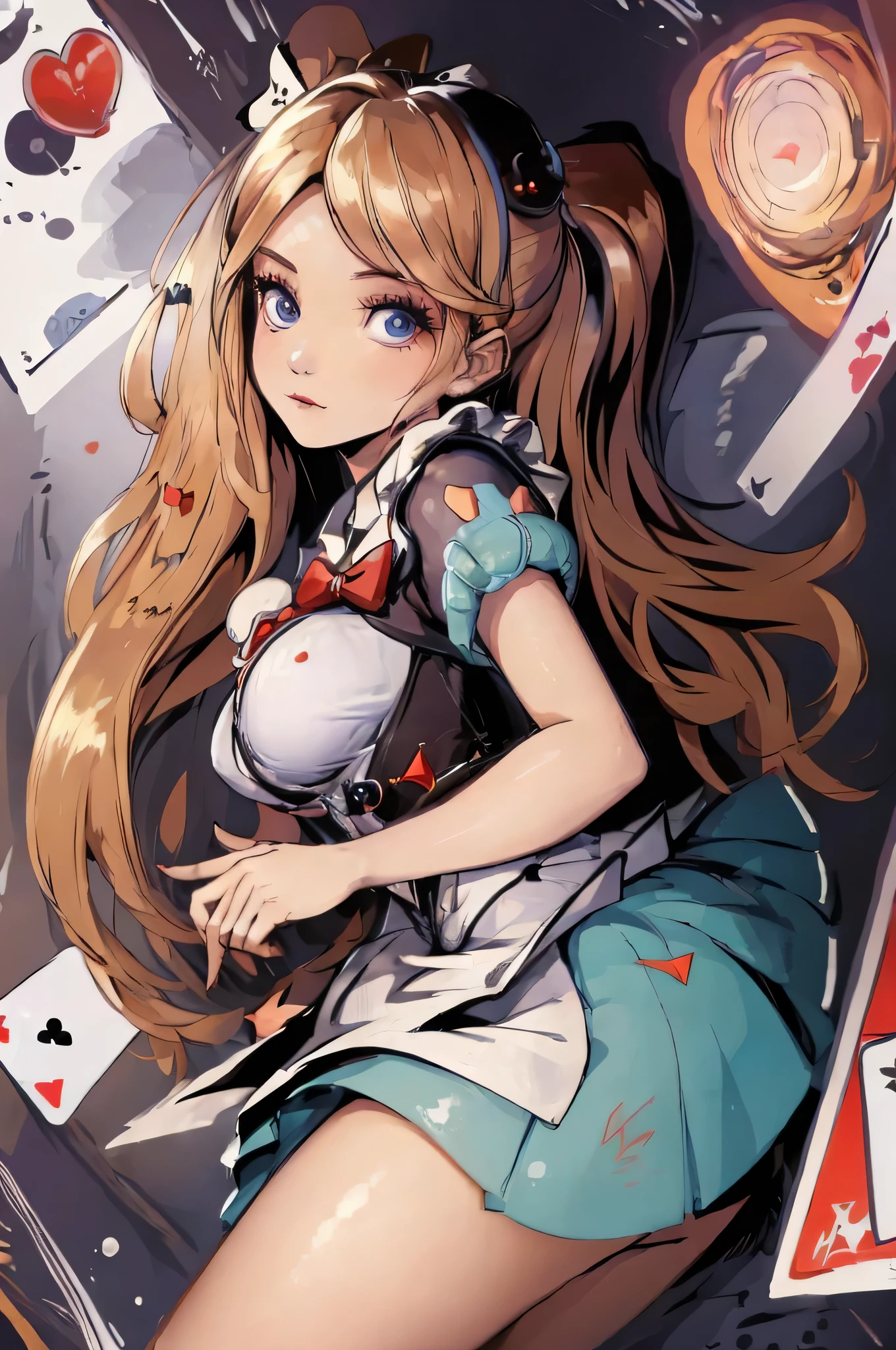 masterpiece,best quality,highres, ultra-detailed, solo, 1girl,  AliceWonderlandWaifu, dress, large breast, in worderland,
have a playing cards