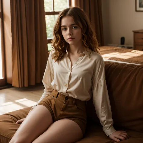 Sophia Lillis, long wavy hair, supple body, thick thighs, autumn room, loose blouse 