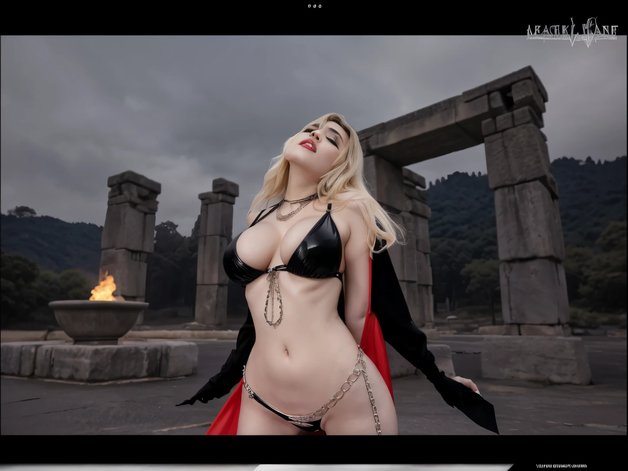 Blond woman in a black bikini and red cape posing in front of a